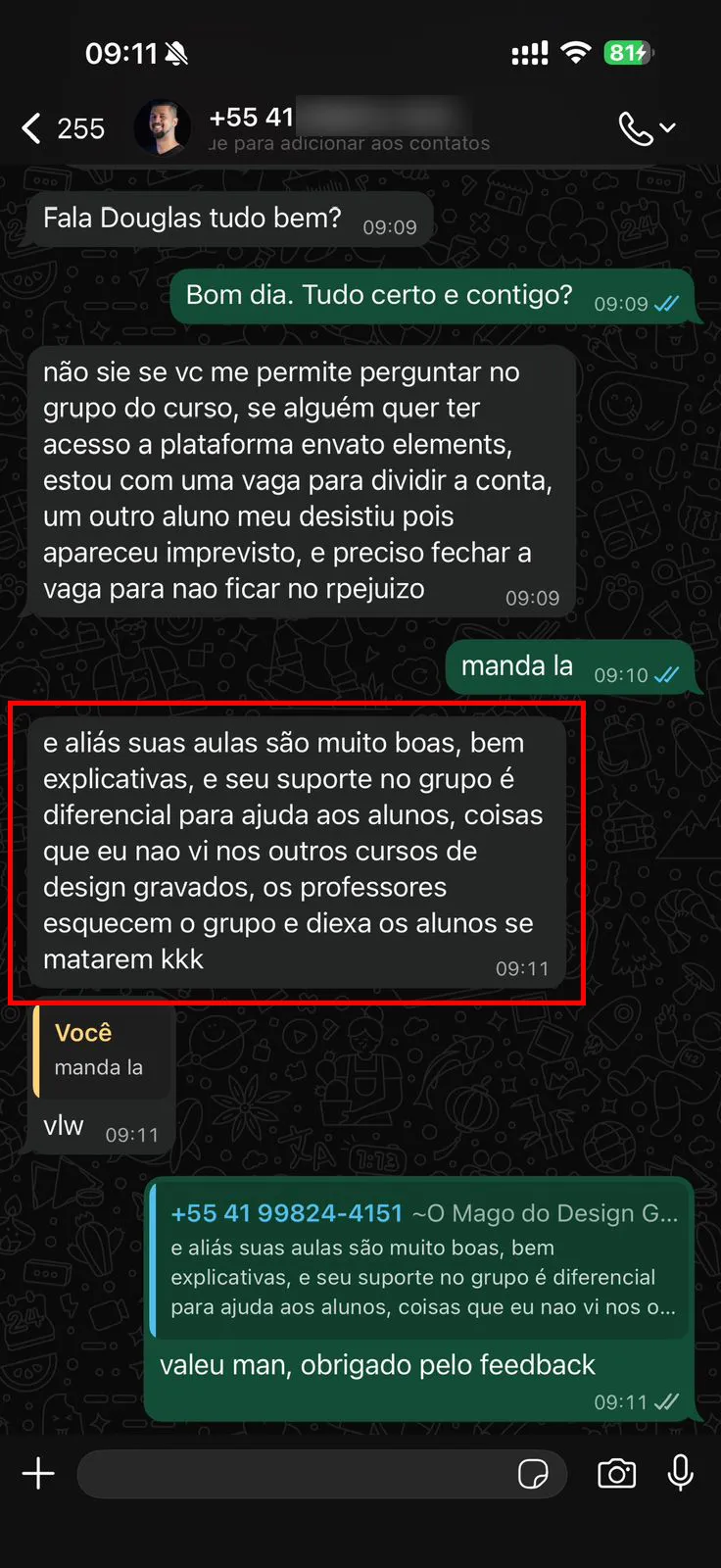 Depoimento de aluno no WhatsApp