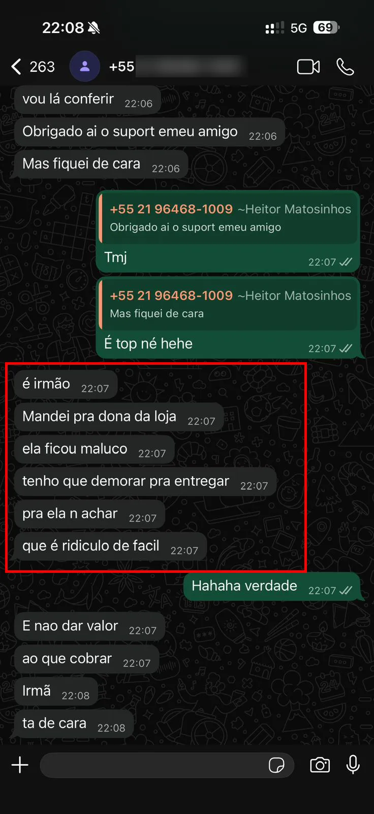 Depoimento de aluno no WhatsApp