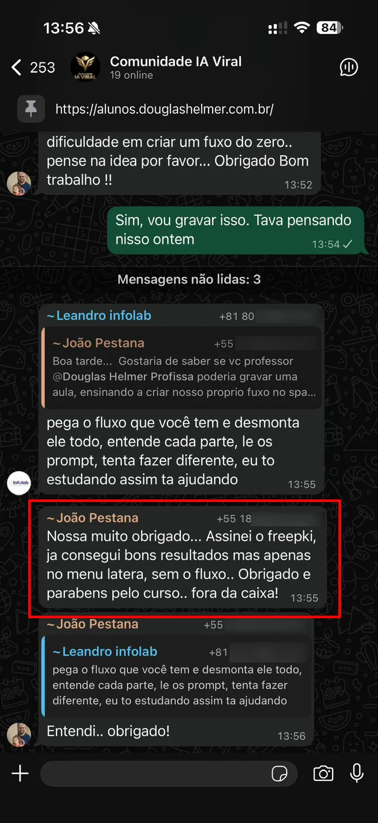 Depoimento de aluno no WhatsApp